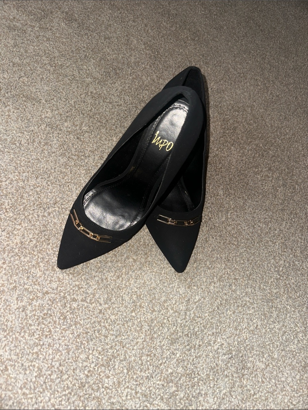 Impo Black Pointed Toe Heels with Gold Accent